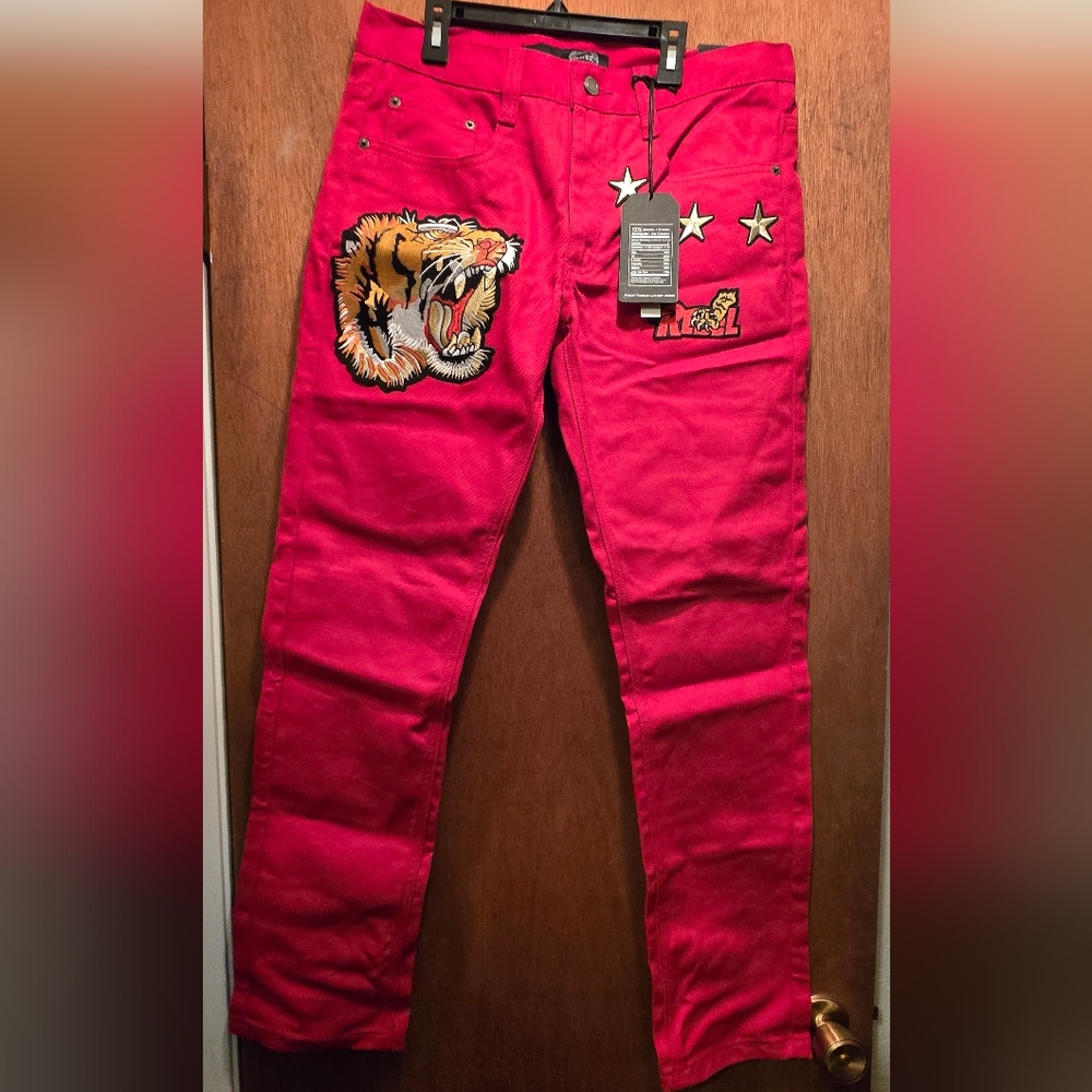 Maxi Millian Vibrant Red Slim Straight Jeans w/cool Patches Sz34"×32" UNISEX - Picture 1 of 14